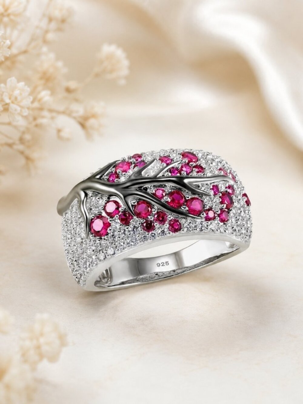 Pink Crystal Vine Branch Statement Ring Silver Tone Micro Pave Glam SZ 6 NWT